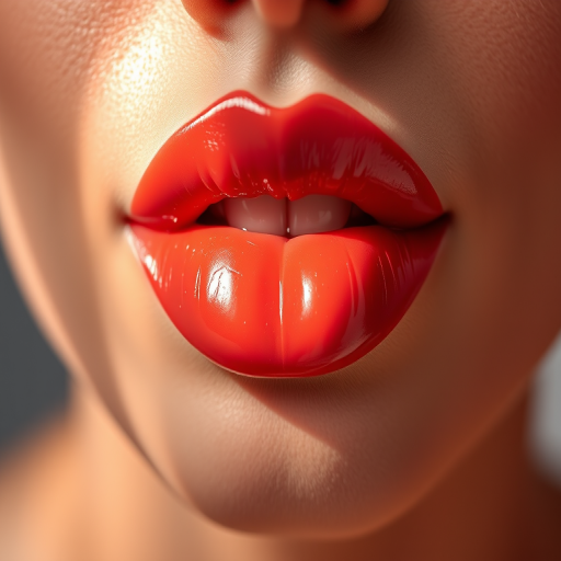Luscious coral-hued lips with a glossy finish shine under soft studio lighting, showcasing a perfect cupid's bow and plump texture, evoking a sense of warmth and sensuality