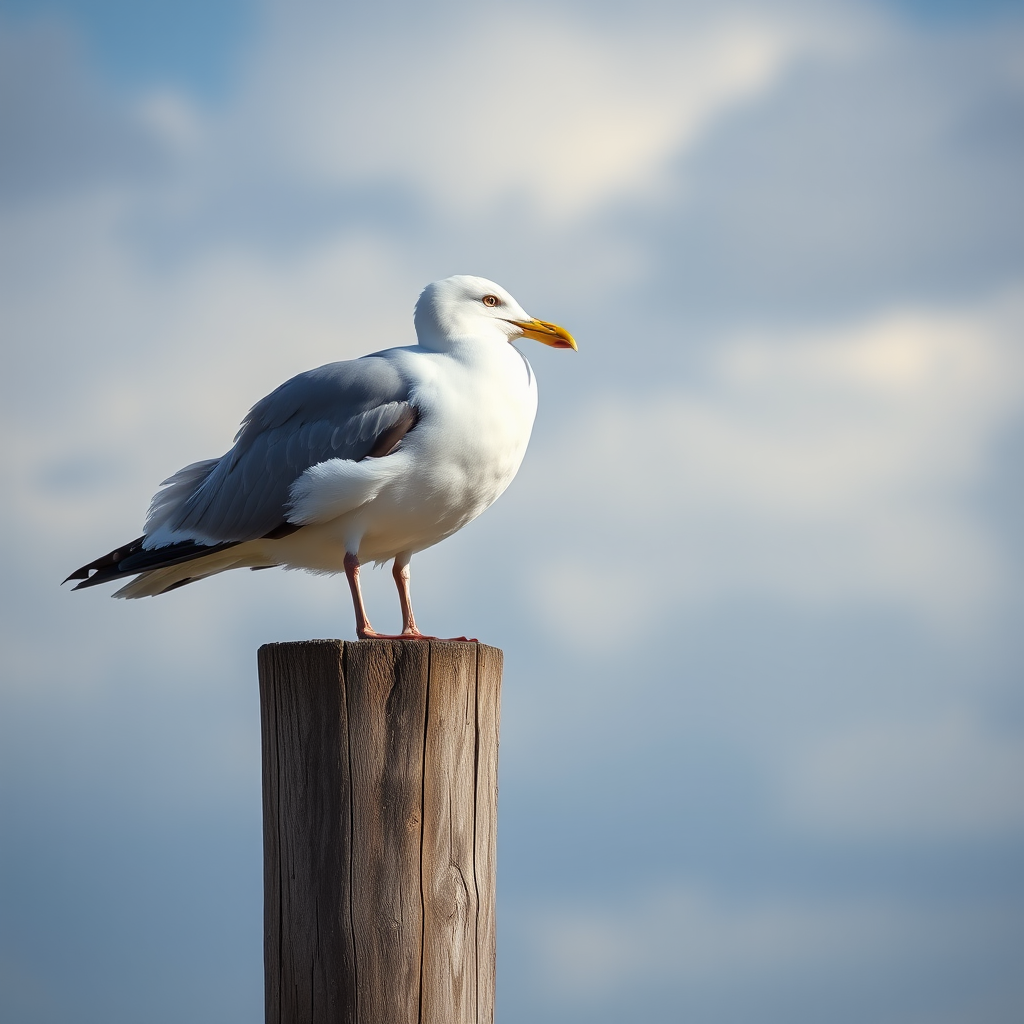 Capture a high-resolution image of a seagull perched on a wooden post, with a blurred background of clouds, using a Canon EOS 5D Mark IV, 50mm lens, aperture f/1.8, ISO 200, shutter speed 1/400 sec, soft natural lighting.