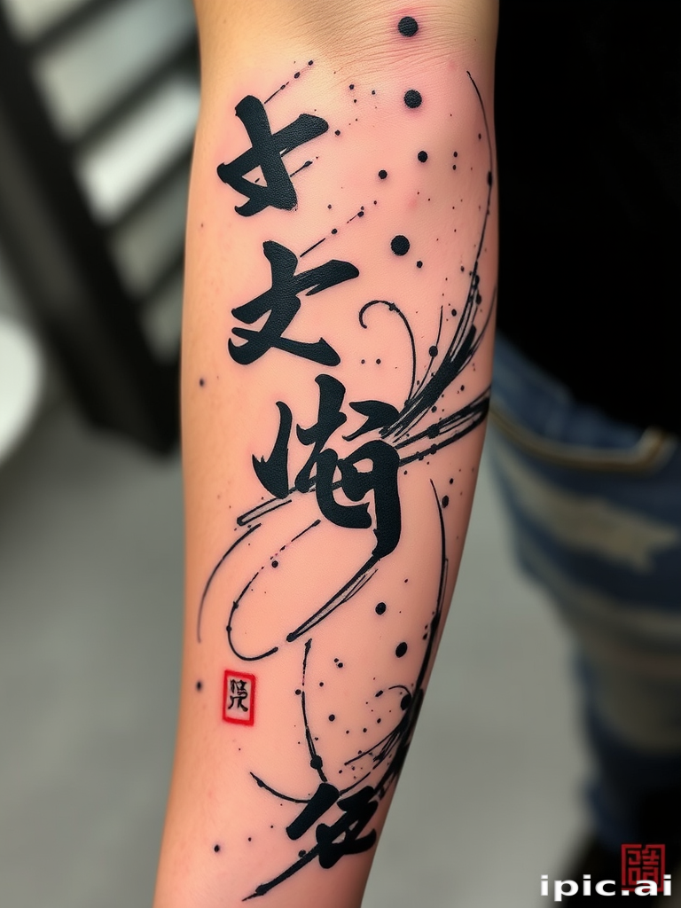 Brush stroke tattoo dubbed "Calligraphy in Motion" utilizing dynamic ink-like lines and splatters to mimic the fluid movements of traditional East Asian calligraphy