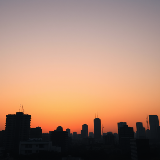 Create a city skyline silhouette at sunset with a pastel orange sky, soft gradient, and stylized buildings, captured with a Canon EOS R5, 24mm lens, f/8 aperture, ISO 200, in a wide-angle view to emphasize the cityscape and serene atmosphere.