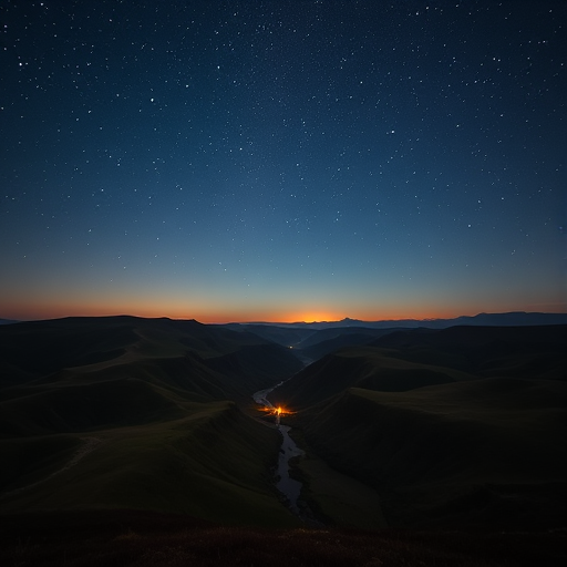 Create a serene night landscape featuring rolling hills under a starry sky with a winding river flowing through, include a small glowing light in the distance, shot with a DSLR camera at f/8, ISO 100, 24mm lens, using a soft-focus style.
