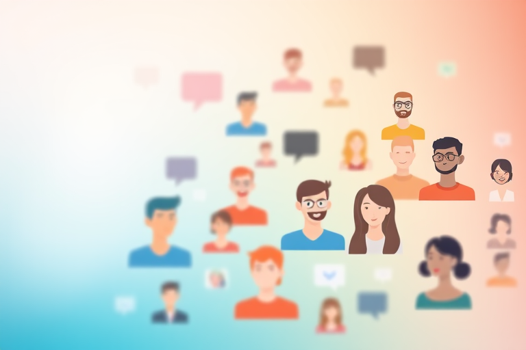 Create a high-resolution vector illustration of diverse icons representing people in a social network layout with a soft gradient background, using a 50mm lens at f/1.8 aperture for depth of field, shot from a slightly elevated angle with a DSLR camera.