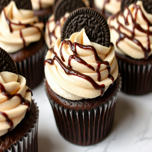 A close-up view of delicious chocolate cupcakes with fluffy cookies and cream frosting topped with an Oreo cookie and drizzled with chocolate sauce arranged on a white marble surface.