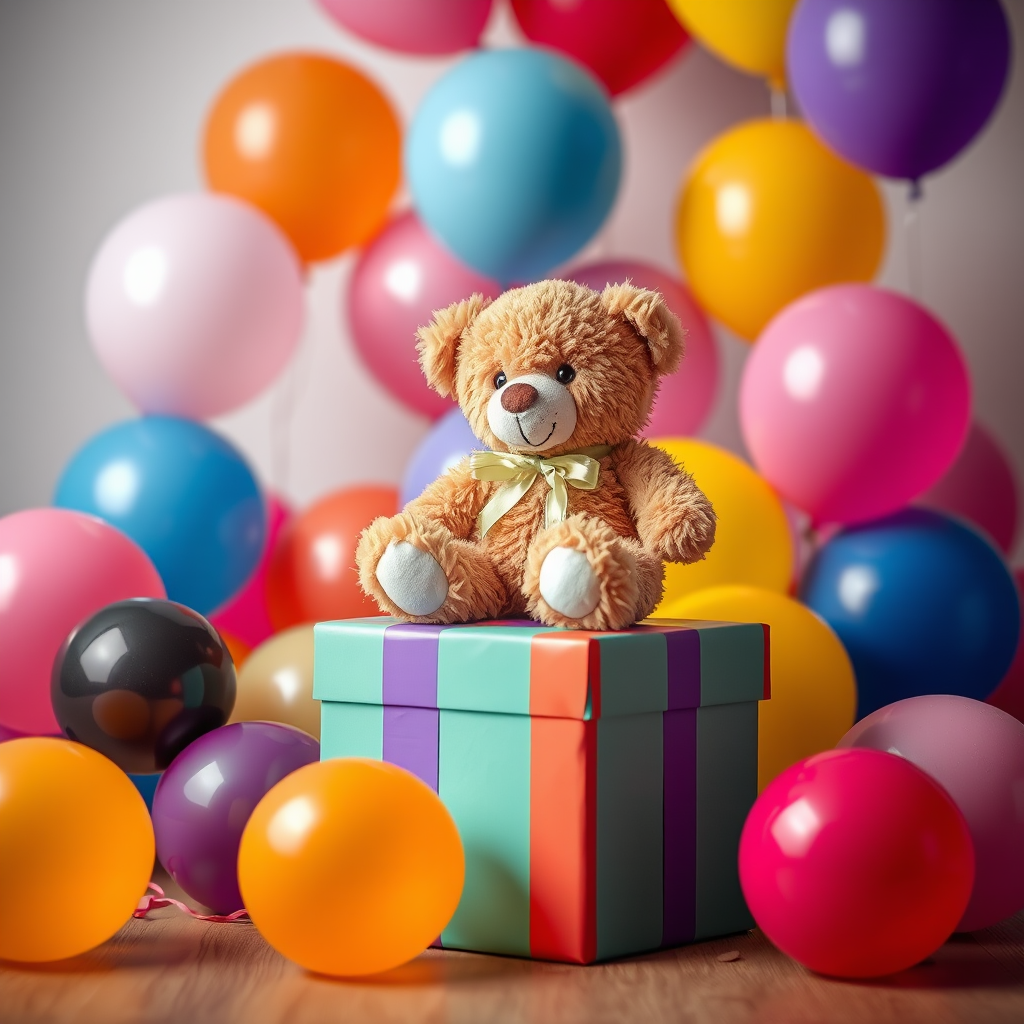 Create a vibrant scene featuring a teddy bear sitting on a colorful gift box, surrounded by an array of balloons in various colors, use a DSLR camera with a 50mm lens, aperture f/1.8, ISO 100, and a soft-focus background for depth.
