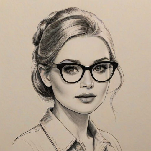 Alluring Abigail Breslin, pencil sketch, portrait of Superb woman 1958s in glasses, hair style beatnik, outline, clear lines, fine lines, 8k
