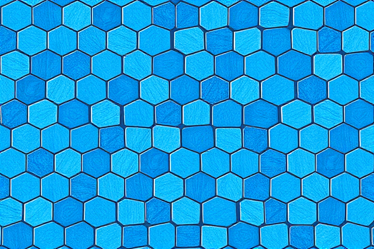 Create a high-resolution seamless pattern of blue hexagons arranged in a uniform grid, captured with a DSLR camera using a 50mm lens, aperture f/8, shutter speed 1/100s, ISO 200, top-down view, in natural light for enhanced clarity and color vibrancy.