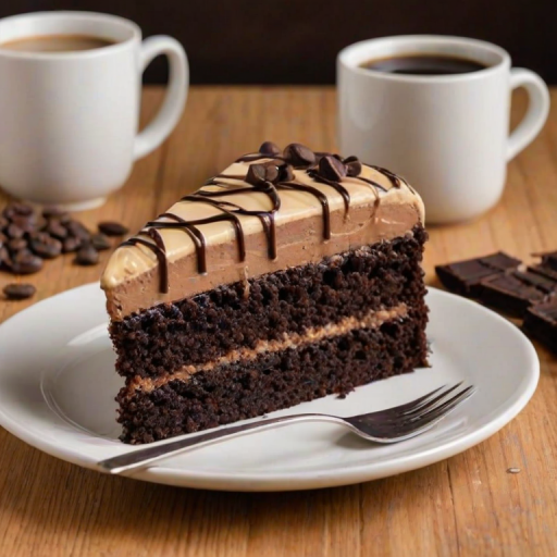 Generate an image of a slice of chocolate cake with layers of dark chocolate and creamy peanut butter frosting. The cake should be drizzled with chocolate sauce and topped with decorative swirls of frosting and chocolate-covered coffee beans. The slice is presented on a decorative white plate with a fork beside it, set against a wooden table background.