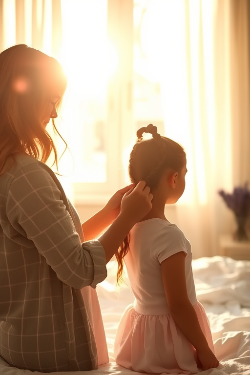Warmly lit image of a mother braiding her daughter's hair in a sunlit bedroom, soft glow from the morning light casting warm shadows, with the smell of fresh linens and lavender in the air.