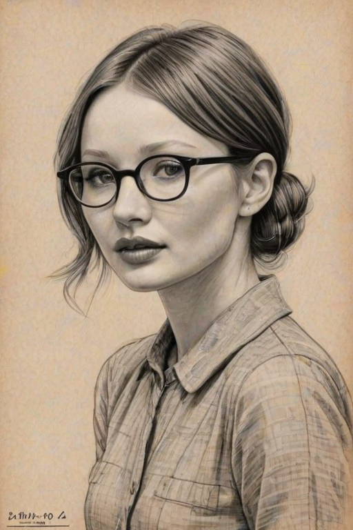 Splendid Emily Browning, pencil sketch, portrait of Delightful woman 1936s in glasses, hair style beatnik, outline, clear lines, fine lines, 8k