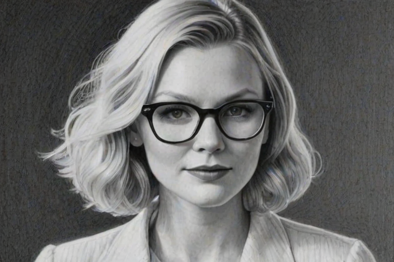 Alluring Kirsten Dunst, pencil sketch, portrait of Ravishing woman 1934s in glasses, hair style beatnik, outline, clear lines, fine lines, 8k