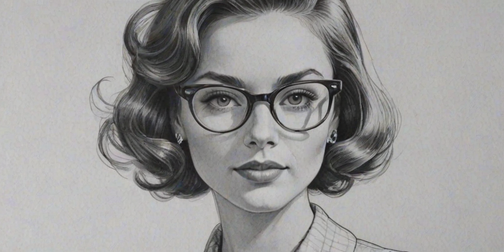 Splendid Sophia Wylie, pencil sketch, portrait of Fascinating woman 1955s in glasses, hair style beatnik, outline, clear lines, fine lines, 8k