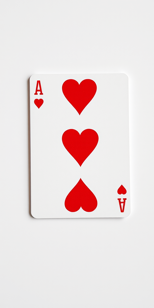 Create an image of a playing card featuring five red hearts on a white background, shot with a DSLR camera using a 50mm lens, aperture set to f/2.8, ISO 100, in soft natural lighting from above, focusing on a flat lay view to enhance clarity and details.