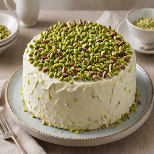 Create an image of a round cake with a light frosting on top, decorated with chopped pistachios. The cake should have a slice cut out, revealing its moist interior. The plate should be simple and elegant, set against a soft, neutral background.