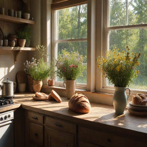 Clear, soft morning light streaming through a large bay window in a rustic kitchen, a fresh loaf of bread cooling on the countertop, wildflowers in a vase nearby, soft shadows from the trees outside dancing on the wooden floor, the faint smell of fresh herbs lingering in the air.