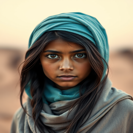 Create a portrait of a young Tuareg female with long, dark hair and captivating hazel eyes. She is wearing a cyan headscarf and a matching scarf draped gracefully around her neck. The background is softly blurred, focusing attention on her serene and natural expression. The overall color palette is muted and warm, enhancing the intimate and authentic feel of the portrait.