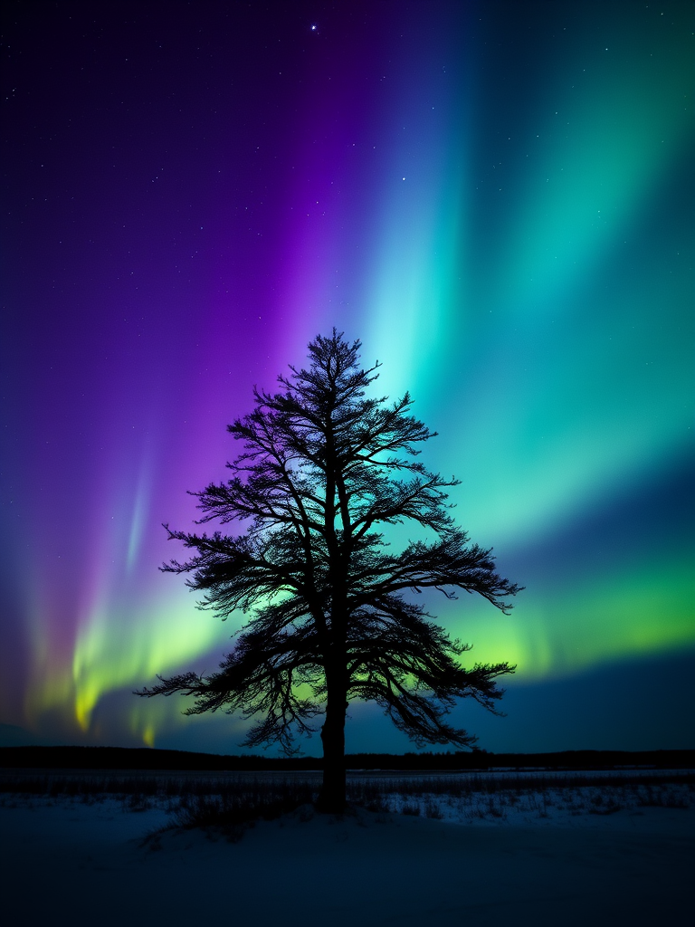 capture a silhouette of a solitary tree against a vibrant aurora borealis with shades of purple and green, nighttime setting, use a Canon EOS R5, aperture f/2.8, ISO 800, shutter speed 15 seconds, landscape orientation, long exposure photography