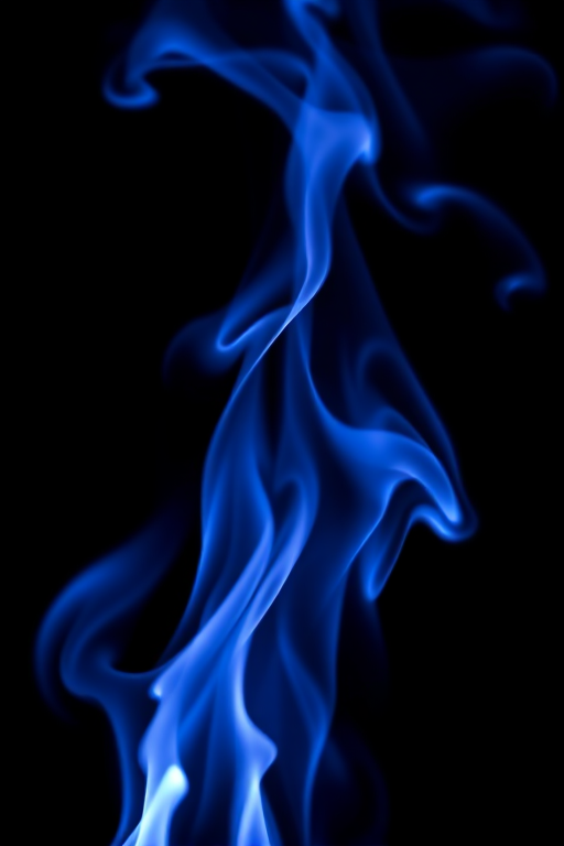 high-resolution image of swirling blue flames on a dark background, shot with a Canon EOS R5 camera, 50mm focal length, aperture f/1.8, ISO 100, shutter speed 1/200s, in a macro lens style for enhanced detail and texture.