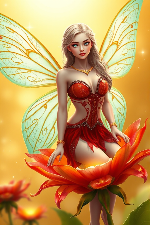 A digital artwork features a winged fairy with delicate Seafoam butterfly wings, adorned with intricate Cerise andCanary patterns. She is seated on a vibrant Electric flower, wearing a revealing red two-piece outfit with sparkling beadwork. Her fair skin, long blonde hair, and gold jewelry add to her ethereal appearance. The background is a warm, golden gradient, creating a magical atmosphere. Small glowing orbs and sparkles surround the flower, enhancing the enchanting, highly detailed, and realistic scene.