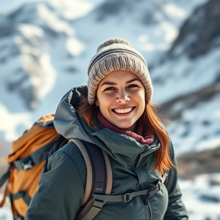 mountain hiking scene with a smiling woman in winter gear, wearing a backpack, high-resolution, lens: 50mm, aperture: f/2.8, ISO: 200, shutter speed: 1/250, wide angle view, DSLR camera, natural lighting