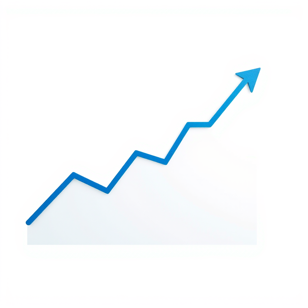 Create a high-resolution digital illustration of a blue and grey upward-trending line graph on a clean white background, use a Canon EOS R5 camera with a 50mm f/1.2 lens, apply a shallow depth of field, ensure natural lighting for clarity and sharpness.