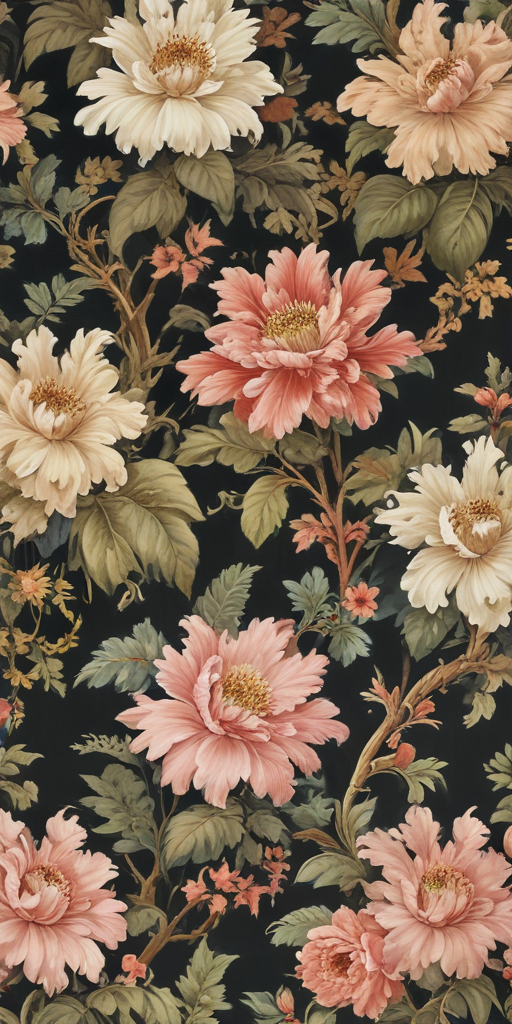 Elegant Floral Pattern Featuring Vibrant Peonies on a Dark Background