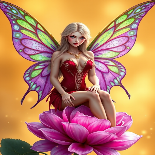 A digital artwork features a winged fairy with delicate Electric butterfly wings, adorned with intricate Chartreuse andLilac patterns. She is seated on a vibrant Pink flower, wearing a revealing red two-piece outfit with sparkling beadwork. Her fair skin, long blonde hair, and gold jewelry add to her ethereal appearance. The background is a warm, golden gradient, creating a magical atmosphere. Small glowing orbs and sparkles surround the flower, enhancing the enchanting, highly detailed, and realistic scene.