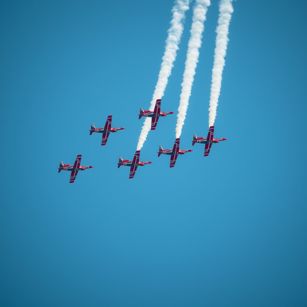 capture a high-resolution image of six acrobatic planes flying in formation against a clear blue sky with contrails, using a DSLR camera, 50mm lens, f/8 aperture, ISO 100, 1/1000s shutter speed, from a low angle to emphasize the planes and capture the vibrant colors