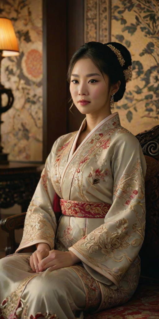A beautiful woman in traditional East Asian attire, intricately detailed with embroidered patterns, sitting gracefully in a richly decorated room, soft ambient lighting, serene and elegant, ultra-realistic, 8K resolution