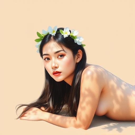 create a watercolor painting of an ethereal portrait of beautiful Lao woman with a simple white flower crown on her head. Her hair is long and she is lying on the ground. The sunlight on the trees casts shadows from the leaves on her face and body. The background is a neutral brown color that matches her skin tone. The image is minimalist and solid colors. This style is characterized by soft, delicate brushstrokes and a light, airy, contrasting color palette. High level of detail and play of light