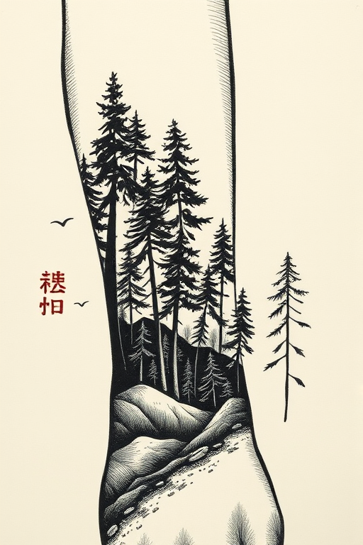 Woodcut-style forest landscape wrapping around forearm, intricate cross-hatching and fine lines creating depth and texture in black ink
