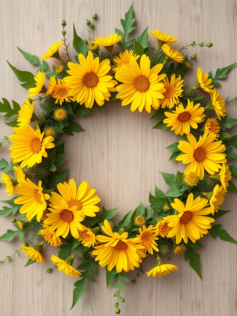 create a floral wreath composed of yellow flowers and green leaves, high resolution, f/2.8 aperture, 50mm lens, top-down view, vibrant color profile, DSLR camera