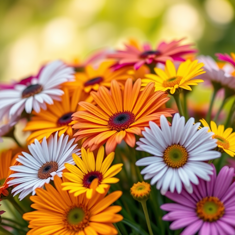 vibrant arrangement of various colored daisies in close-up, soft focus background, natural lighting, aperture f/2.8, shutter speed 1/200s, ISO 100, macro lens, DSLR camera