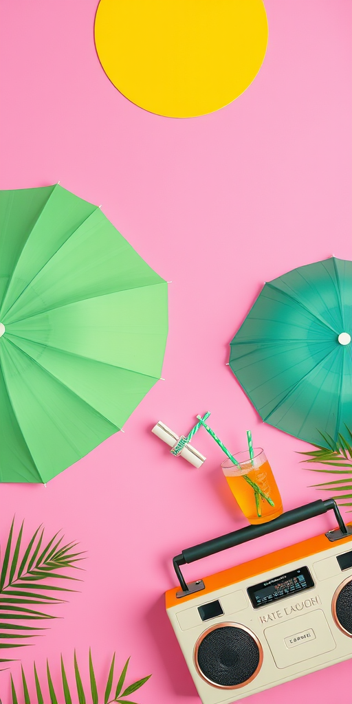 Create a vibrant flat lay image featuring a green umbrella, a cooler, a drink with a straw, and a retro boombox against a pink background with a yellow sun, using a DSLR camera, 50mm lens, f/2.8 aperture, ISO 100, shooting from a top-down view for enhanced clarity and detail.