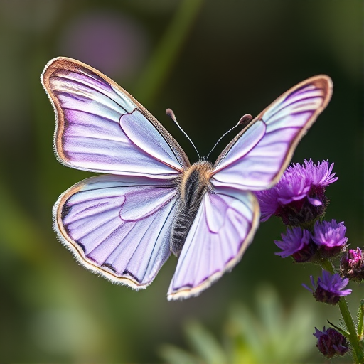 Create a high-quality image of a butterfly with delicate lavender wings, photographed in natural light using a Canon EOS R5 with a 100mm macro lens, aperture set to f/2.8, shutter speed at 1/200s, and ISO 100, captured from a slightly diagonal view to enhance depth and detail.