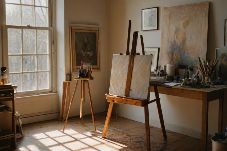 Warmly lit photo of an artist’s studio, with soft light streaming through a window illuminating canvases, paintbrushes, and an easel with an unfinished painting.