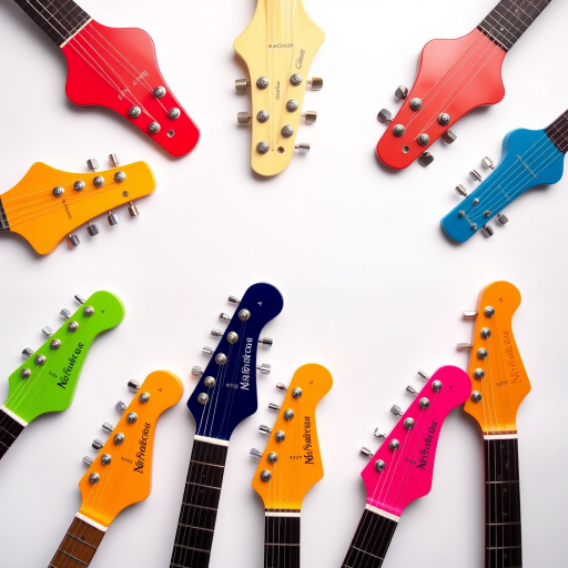 generate an image of colorful guitar headstocks arranged in a stylish layout with a bright and vibrant color palette, using a DSLR camera with a 50mm lens, f/2.8 aperture, 1/250s shutter speed, and ISO 100 for sharp detail and vivid colors, shot from a front view at eye level, with soft studio lighting to enhance texture and contrast