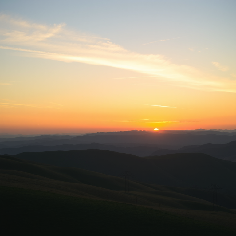 Generate a high-resolution image of a serene landscape featuring rolling hills and a sunset sky, captured with a DSLR camera, 50mm lens, aperture f/2.8, ISO 100, using a golden hour perspective for warm lighting and enhanced colors.