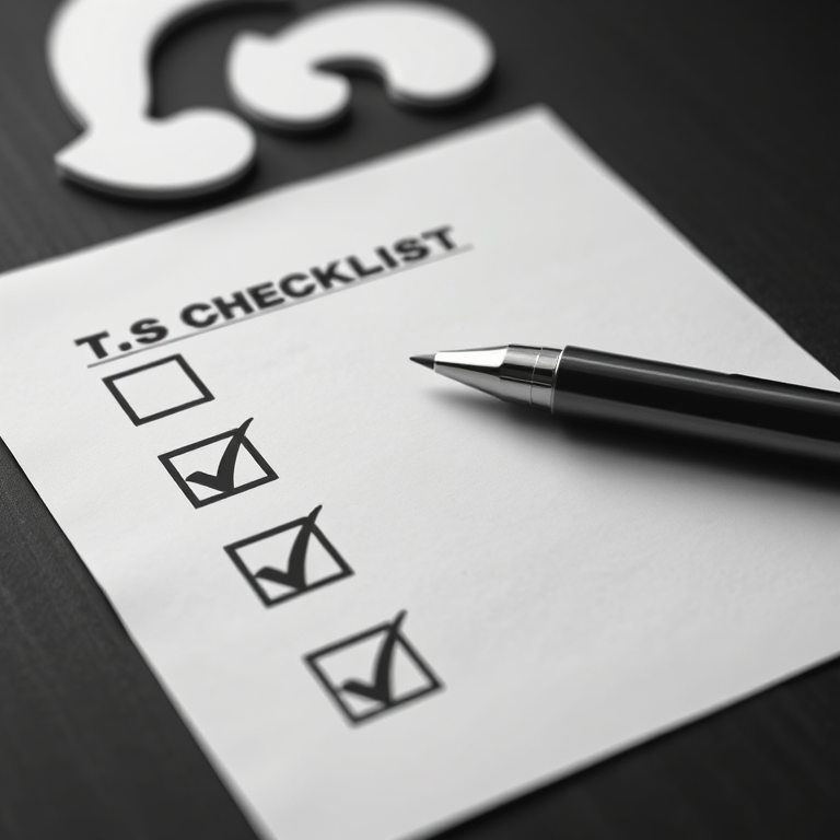 Generate a high-contrast black and white image of a checklist with check marks and a question mark in the background, utilize a Canon EOS R5 camera with an aperture of f/2.8, ISO 100, and a focal length of 50mm, in a flat lay style to enhance clarity and detail.
