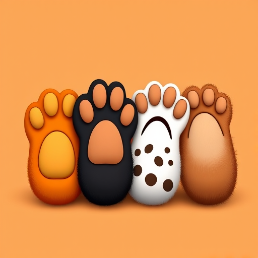 Create a high-resolution digital illustration of four cartoon cat paws in a row, featuring an orange paw, a black paw, a white spotted paw, and a brown paw on a solid background, using a Canon EOS R5 camera with a 50mm f/1.2 lens, ISO 200, aperture f/4, and a focus on vibrant colors and sharp details.