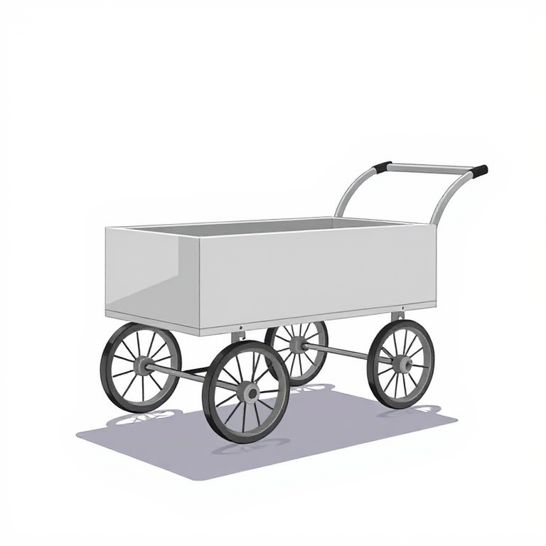 create a high-resolution illustration of a simple cart with a rectangular body and four round wheels, captured from a slightly elevated angle using a DSLR camera at f/4 aperture, ISO 100, 50mm lens, in a bright, natural light setting with soft shadows to enhance the overall clarity and depth of the image