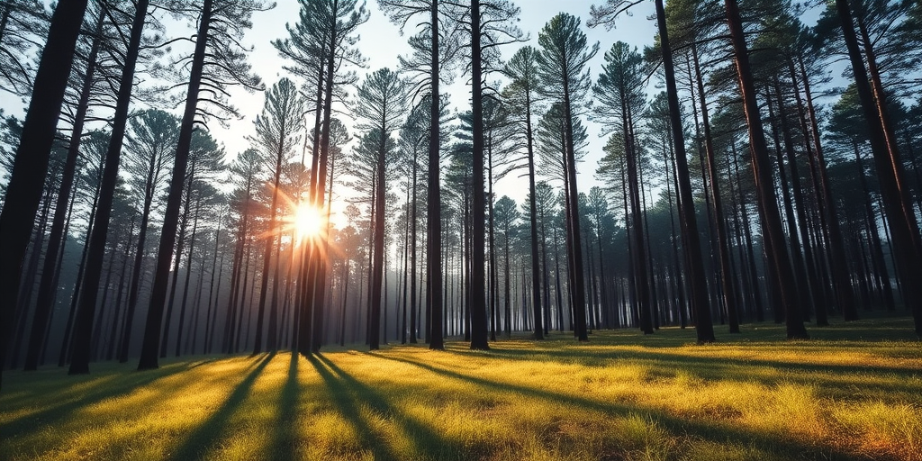 Capture a serene landscape at sunrise in a forest with tall trees casting long shadows, using a DSLR camera with a 24mm lens, aperture f/8, ISO 100, and a low angle view to emphasize the foreground and background details, in vibrant colors and high dynamic range.