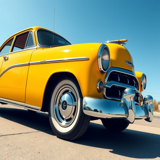 Create a high-resolution digital illustration of a vintage car with a sleek yellow and black design, captured from a low angle, using a DSLR camera with a 50mm lens at f/2.8 for a shallow depth of field, in bright daylight to enhance colors and shadows.
