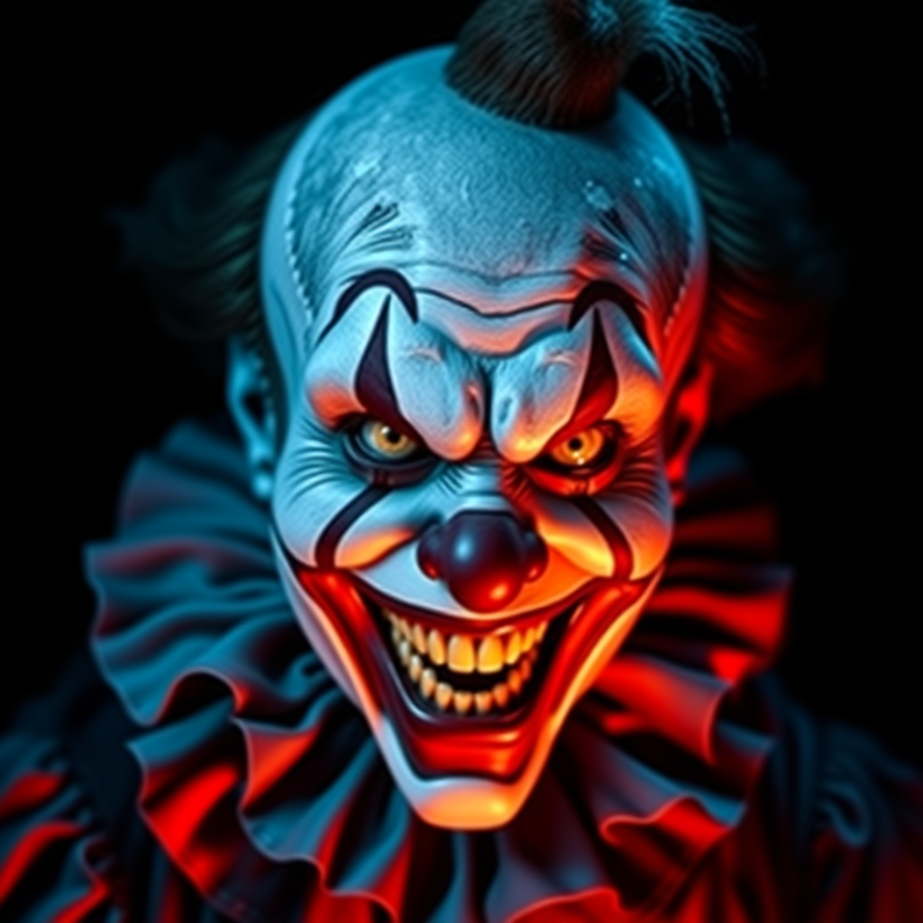 Create a hyper-realistic, dark, and eerie clown with a sinister smile, set against a black background. The clown should have exaggerated makeup with sharp, contrasting colors to enhance its menacing appearance. The overall atmosphere should be unsettling and intense, capturing a sense of horror and suspense