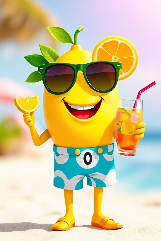 Create a vibrant cartoon-style image of a cheerful lemon character wearing sunglasses and holding a colorful cocktail with a slice of lemon, beach shorts, bright colors, shot in high-resolution with a 50mm lens, f/1.8 aperture, soft focus background, and bright natural lighting.