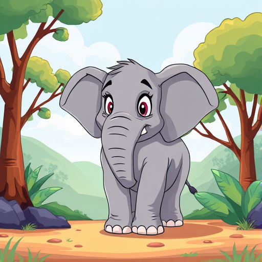 Illustration of a cartoon elephant standing in a stylized nature scene with trees, use a digital illustration style with vibrant colors, 300 DPI, 16:9 aspect ratio, optimized for high-resolution display.