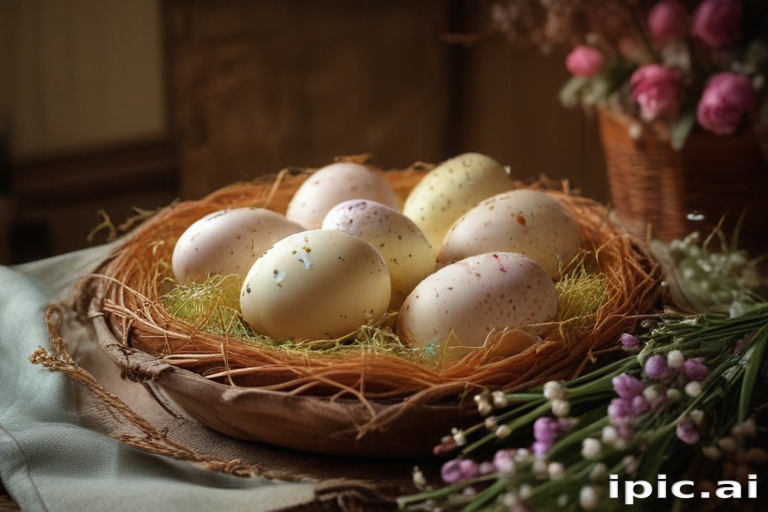 Colorful Easter Eggs Nestled in a Rustic Woven Basket Display