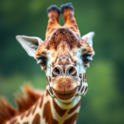 Create a close-up shot of a giraffe's neck, focusing on the unique patterns of its fur and mane against a soft blurred green background, using a Canon EOS 5D Mark IV, 50mm lens, aperture f/2.8, ISO 100, with natural lighting for enhanced detail and vibrant colors.