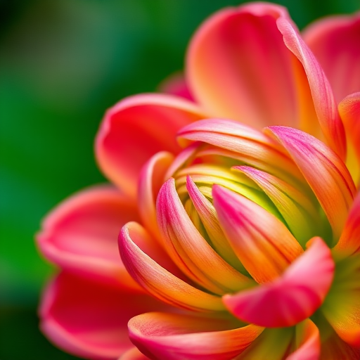 close-up of a vibrant pink and green flower with intricate details, shot with a Canon EOS R5 at f/2.8, ISO 100, 1/200s, macro lens, soft natural light, shallow depth of field