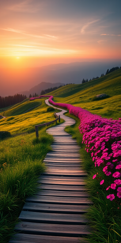 high-resolution landscape of a wooden pathway winding through lush green hills at sunset, vibrant pink and purple flowers along the sides, with a misty mountain backdrop, taken with a Canon EOS 5D Mark IV, 24mm lens, aperture f/8, shutter speed 1/60s, ISO 100, golden hour lighting, soft focus on background.