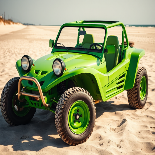 create an image of a vibrant green dune buggy parked on a sunny beach with soft shadows, using a DSLR camera at f/8 aperture, 1/200 sec shutter speed, ISO 100, wide-angle lens for a dynamic perspective, and in high resolution for detailed textures and colors